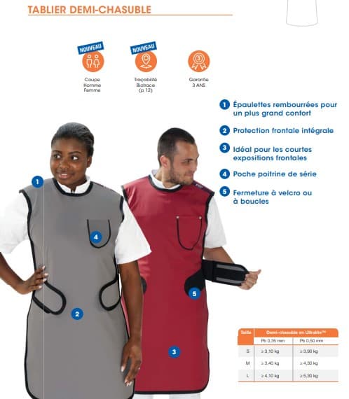 Tablier de radioprotection Demi-Chasuble Demi Chasuble 1 face plombée PB 0,50 mm taille M / L / XL — vue 1